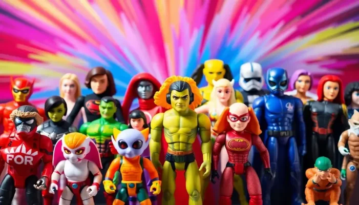 A colorful collage of top collectible figures in 2025, showing reimagined classics and tech-enhanced characters with a dynamic background.