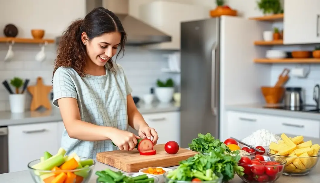 Teenagers planning their meal blueprint for the week over a vibrant kitchen setting.