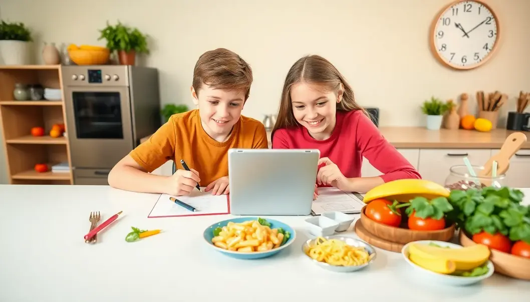 Teenagers planning their meal blueprint for the week over a vibrant kitchen setting.