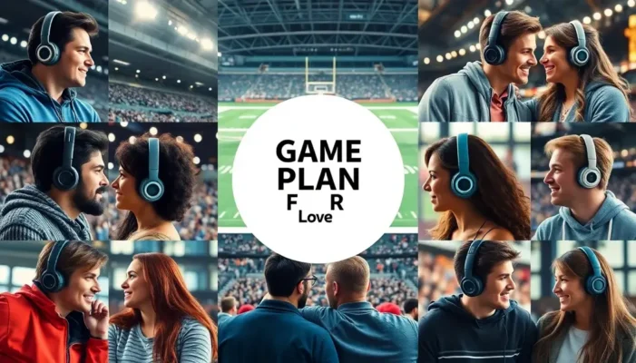 Collage of couples in sports arenas connected by technology.