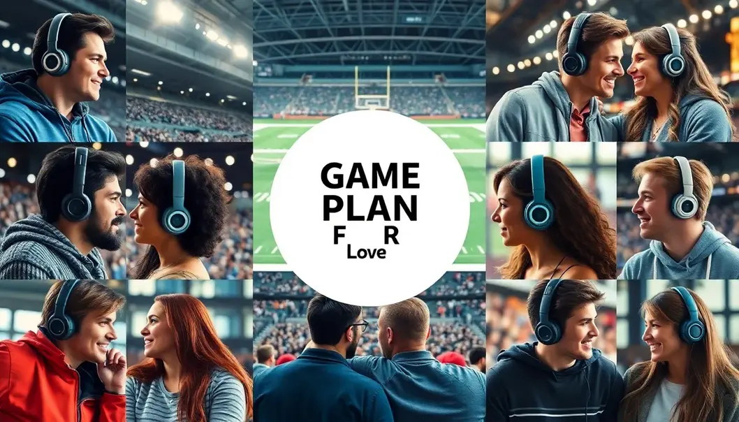 Collage of couples in sports arenas connected by technology.