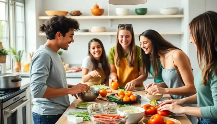 Group of teens cooking with colorful ingredients in a lively kitchen.