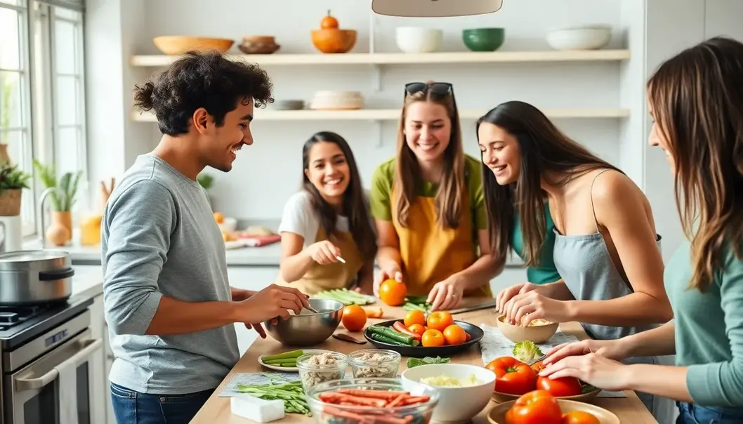 Group of teens cooking with colorful ingredients in a lively kitchen.