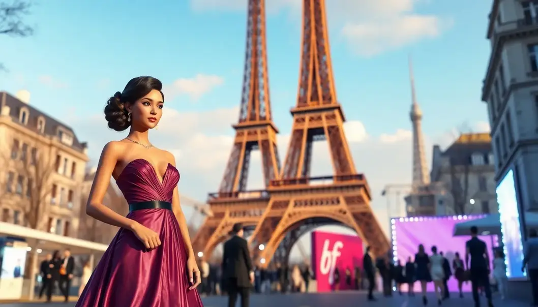 An avatar in haute couture in ‘Virtual Paris’, embodying chic sophistication.